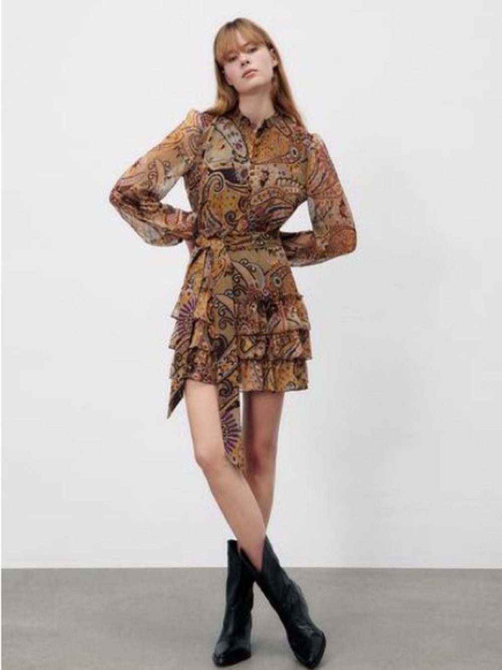 Zara Paisley Tiered Long-Sleeve Mini Dress, Brown, Large